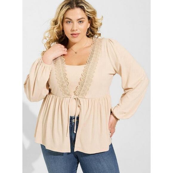 torrid Tops - Torrid Super Soft Rib V-Neck Lace Trim Tie Front Sleeve Top Blouse Plus Size 2X